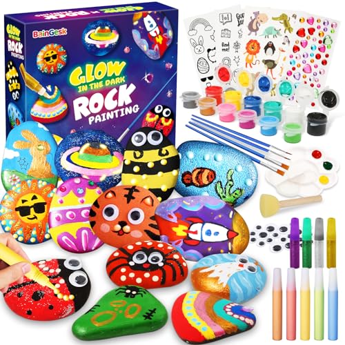 BainGesk Glow in The Dark Rock Painting Kit for Kids, Painting Rock Crafts Set, Arts and Crafts Gifts for Ages 6-8, Creative Activities Art Toys for