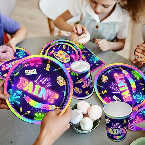 Art Painting Party Supplies,142pcs Paint Splatter Party Tableware Neon Glow Decorations Set Art Party Dessert Plates Paint Splatter Napkins Let’s HAKOTI