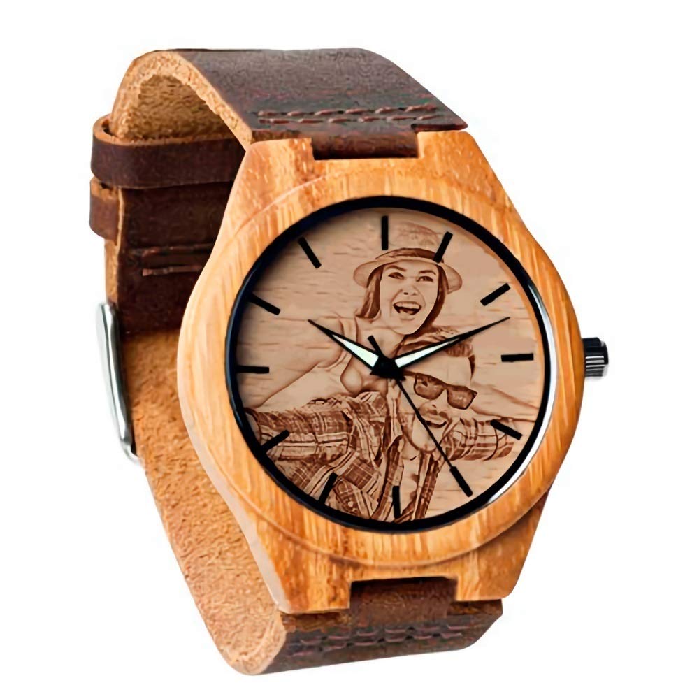 Godchoices Personalized Customized Wooden Watch with Photo Or Message Double-Side Engraving for Personalized Gift (40MM, Brown) Godchoices