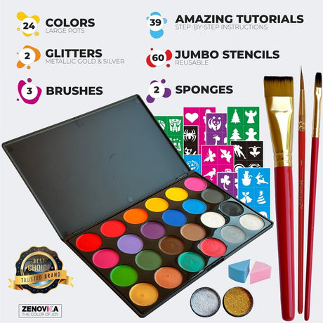 Zenovika Face Painting Kit for Kids - Non-Toxic and Hypoallergenic Face Paint Kit with 24 Colors, Stencils, Book, and Professional Halloween Makeup Zenovika