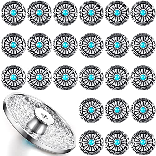 Janinka 24 Pcs Faux Turquoise Round Conchos Sunflower Decorative Buckle Metal Sunflower Buttons Screw Back Buttons for DIY Craft Leather Belt, Silver Janinka