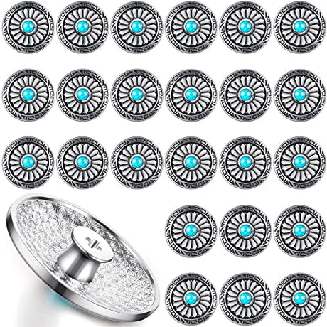 Janinka 24 Pcs Faux Turquoise Round Conchos Sunflower Decorative Buckle Metal Sunflower Buttons Screw Back Buttons for DIY Craft Leather Belt, Silver Janinka