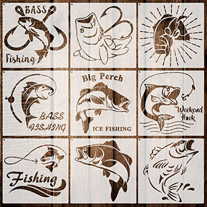 9 Pieces Fish Stencil Bass Fish Stencil Bass Fishing Stencil Template Reusable Painting Drawing Stencil and Metal Open Ring for Painting on Wood Wall Decoration