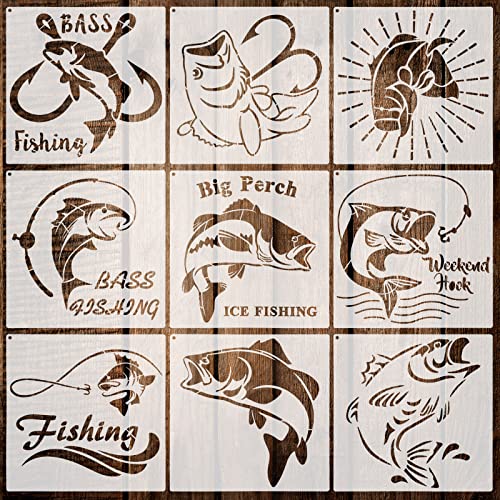 9 Pieces Fish Stencil Bass Fish Stencil Bass Fishing Stencil Template Reusable Painting Drawing Stencil and Metal Open Ring for Painting on Wood Wall - WoodArtSupply