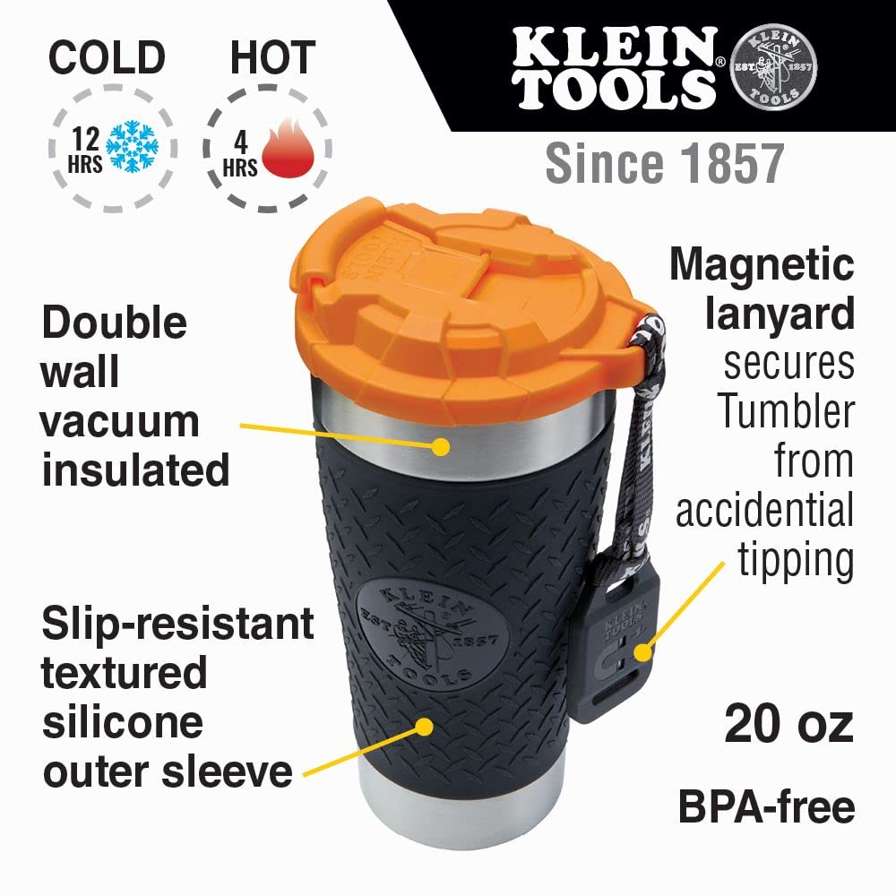 Klein Tools AEPJS1 Bluetooth Speaker & 55580 Stainless Steel Tumbler with Flip-top Lid, Insulated 20 oz. Tradesman's Double Wall Vacuum Mug, Klein Tools