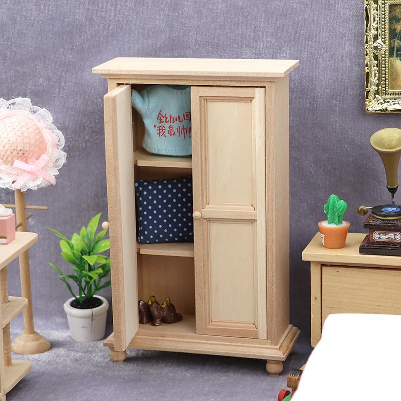AirAds Dollhouse 1:12 Scale Dollhouse Furniture Wardrobe Closet 3-Shelf 2-Door Armoire Unfinished Wood Air-Ads Supplies