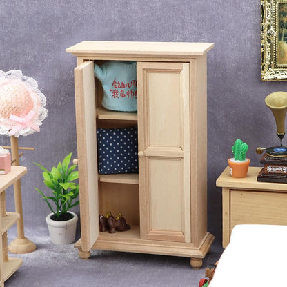 AirAds Dollhouse 1:12 Scale Dollhouse Furniture Wardrobe Closet 3-Shelf 2-Door Armoire Unfinished Wood
