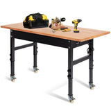60" Adjustable Work Bench, Rubber Wood Top Heavy-Duty Workbench with Power Outlet with Wheels, 2000 LBS Load Capacity Hardwood Worktable, for Garage, Polar Aurora