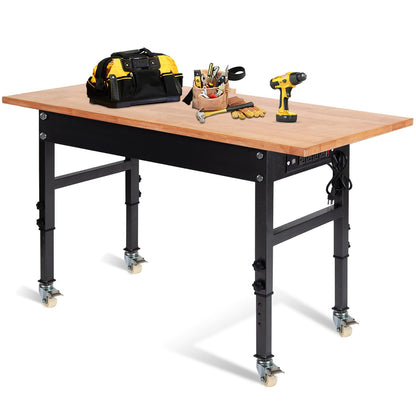 60" Adjustable Work Bench, Rubber Wood Top Heavy-Duty Workbench with Power Outlet with Wheels, 2000 LBS Load Capacity Hardwood Worktable, for Garage,