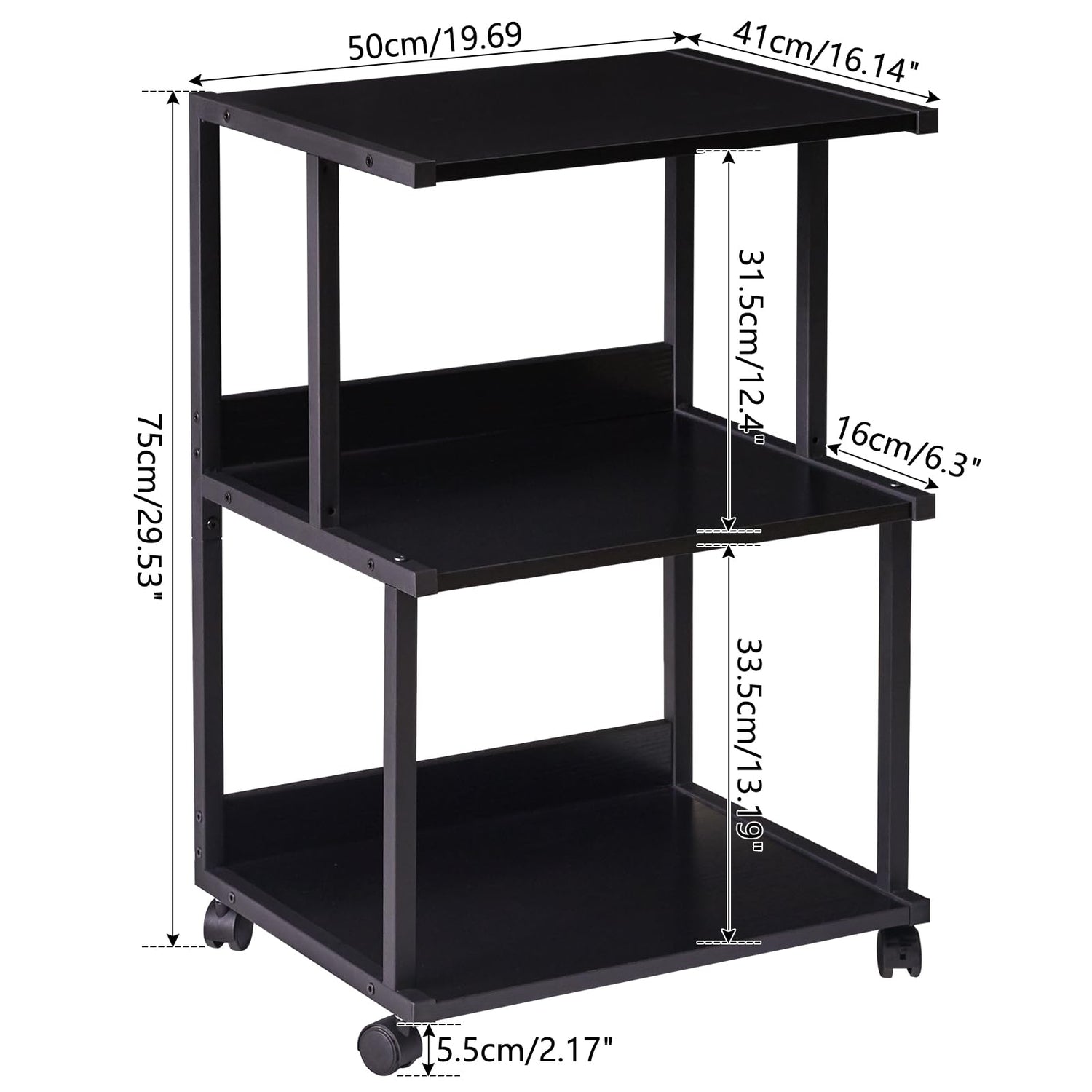 IBUYKE Black Printer Stand with Storage Shelf,3 Tier Printer Table with Wheels,Printer Cart for Home Office Organization, Rolling Cart Stand for Heat IBUYKE