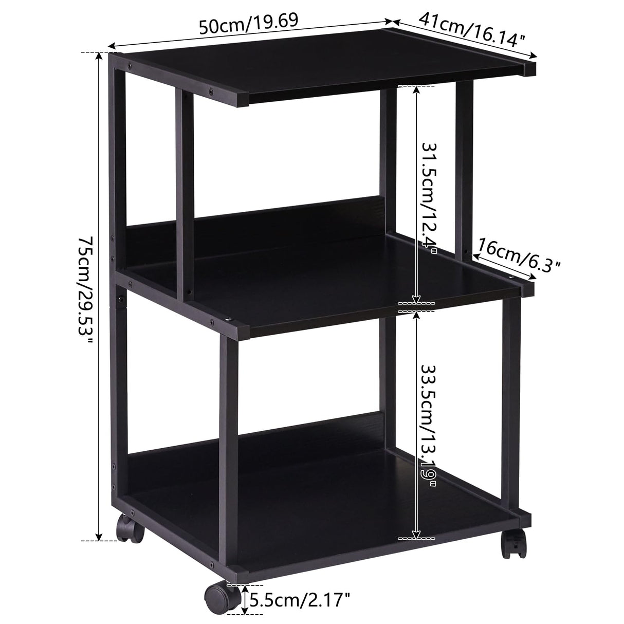 IBUYKE Black Printer Stand with Storage Shelf,3 Tier Printer Table with Wheels,Printer Cart for Home Office Organization, Rolling Cart Stand for Heat IBUYKE