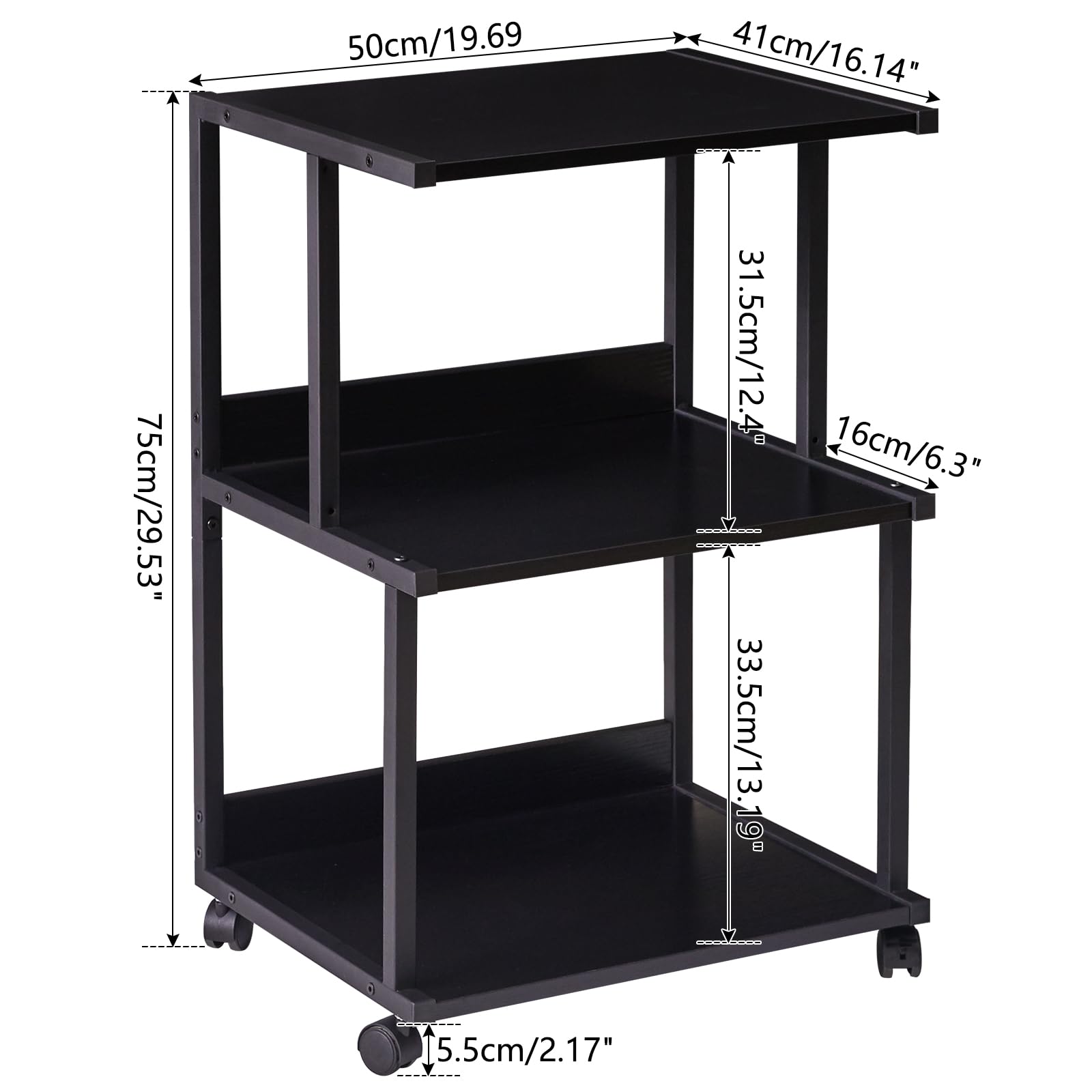 IBUYKE Black Printer Stand with Storage Shelf,3 Tier Printer Table with Wheels,Printer Cart for Home Office Organization, Rolling Cart Stand for Heat - WoodArtSupply