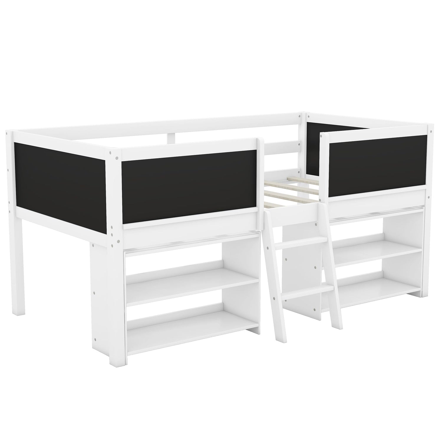 SOFTSEA Twin Size Low Loft Bed with Movable Shelves and Chalkboard - Space-Saving Wooden Design in White SOFTSEA
