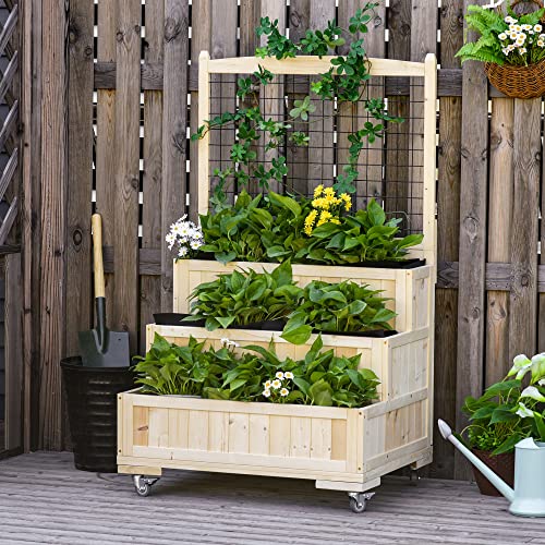 Outsunny 3-Tiers Raised Garden Bed with Trellis, 53" H Vertical Planter Box with Wheels & Back Storage Area, for Flowers, Vegetables, Herbs, Natural Outsunny