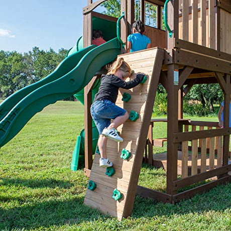 Backyard Discovery Skyfort All Cedar Swing Set, Elevated Covered Wood Roof Clubhouse with Bay Windows, 2 Belt Swings, Web Swing, 10ft Wave Slide, 5 Backyard Discovery