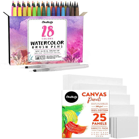 Chalkola Artist Bundle: 28 Watercolor Brush Pens + 25 Canvases Variety Pack Chalkola