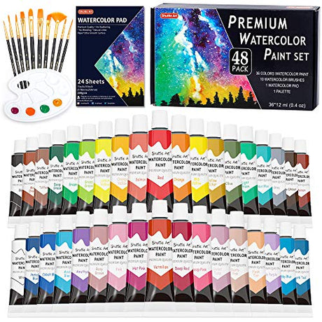 Shuttle Art 48 Pack Watercolor Paint Set, 36 Colors Watercolor Paint in Tubes (12ml Each) with 10 Brushes, 1 Watercolor Pad, 1 Palette, Premium Shuttle Art