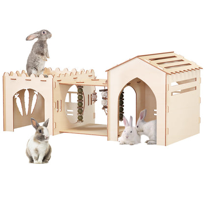 Woiworco Extra Large Rabbit Castle Hideout Bunny House with 3 Houses and Toys, Wooden Bunny Hideout Indoor Large Rabbit Hutch Play Houses and - WoodArtSupply