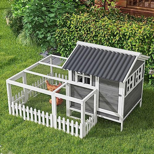 PawHut Wooden Chicken Coop with Run for 3-4 Chickens, Hen House with Nesting Box, Removable Tray, Fence, Outdoor Poultry Cage, 68" x 59" x 42", Gray - WoodArtSupply