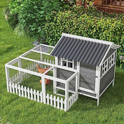 PawHut Wooden Chicken Coop with Run for 3-4 Chickens, Hen House with Nesting Box, Removable Tray, Fence, Outdoor Poultry Cage, 68" x 59" x 42", Gray - WoodArtSupply