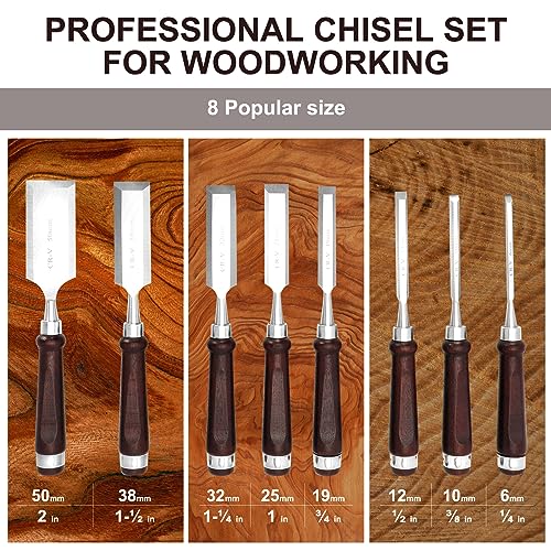 Wood Chisel Set (8 pcs),Carpentry Chisel With Wooden Storage Case,Sharpening Stone, Honing Guide & Protective Caps,Premium Set of Wood Chisel,Wood - WoodArtSupply