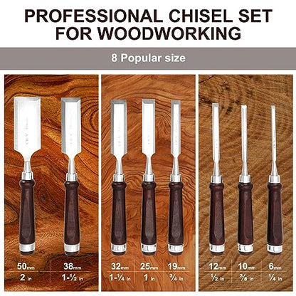 Wood Chisel Set (8 pcs),Carpentry Chisel With Wooden Storage Case,Sharpening Stone, Honing Guide & Protective Caps,Premium Set of Wood Chisel,Wood - WoodArtSupply