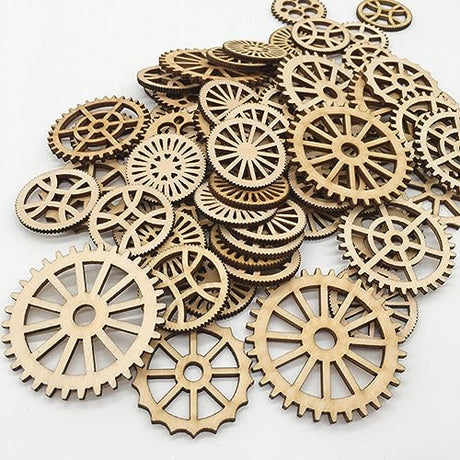 AKOAK 50 Pcs Wooden Gear, Blank Wooden DIY Craft Pieces, Wood Chip Paper-Cut Gift Labels, Unfinished Gear Decoration Cards DIY Craft Jewelry Making AKOAK