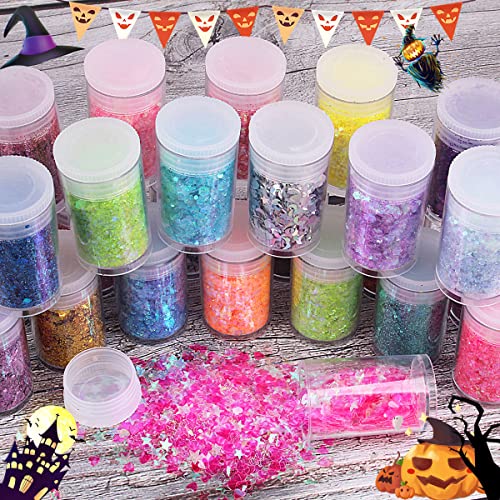 Holographic Chunky and Fine Glitter Mix, 36 Colors Chunky Sequins & Glitter Powder Mix, Iridescent Cosmetic Glitter Flakes for Nail Art Face Body Eye Linwulte