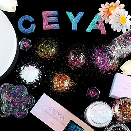 Ceya Chameleon Chunky Glitter, 3.5oz/ 100g Flamingo Opal Color Shift Craft Glitter Powder Color Changing Iridescent Flake Sequin for Epoxy Resin, ceya