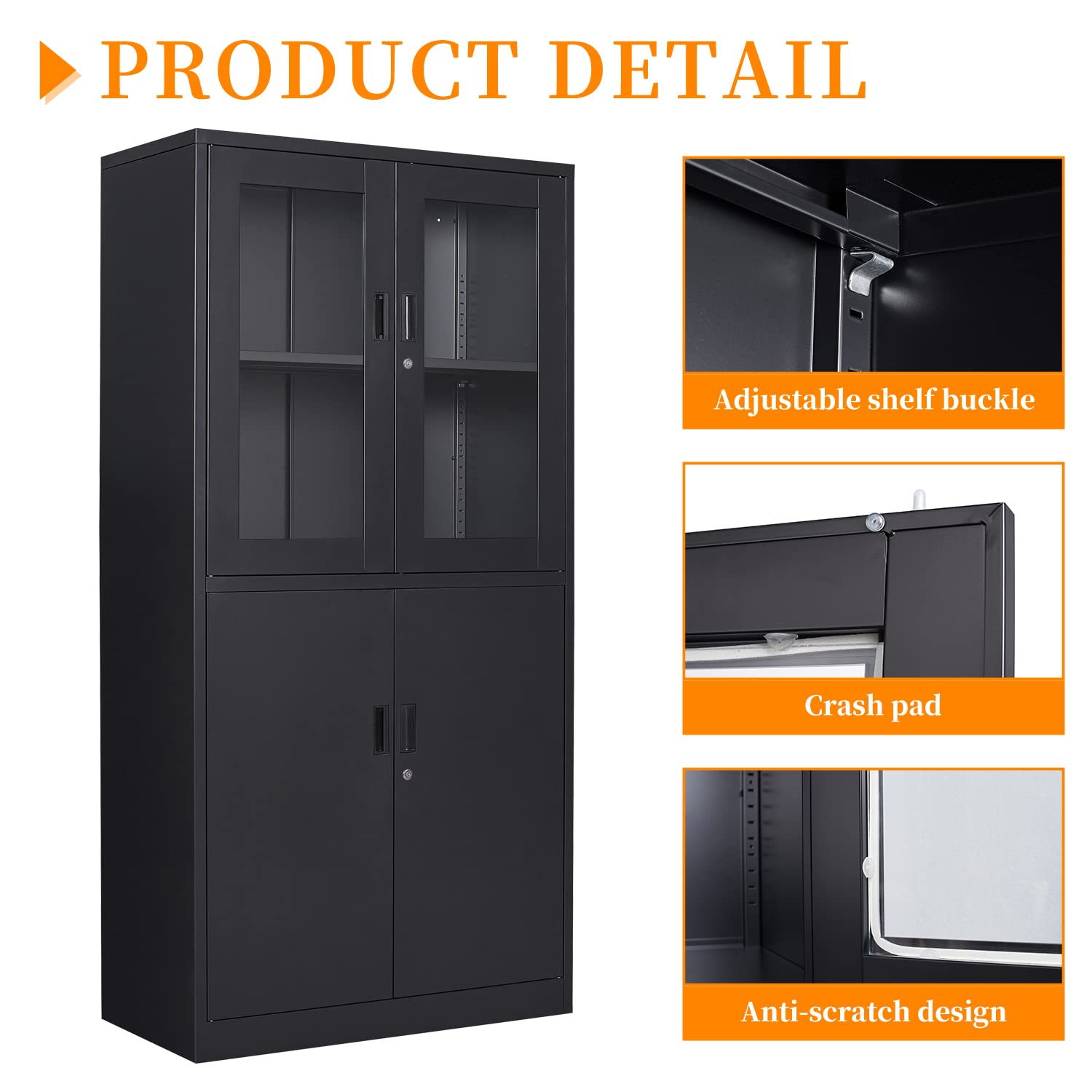 Anxxsu Black Metal Storage Cabinet with Glass Doors, 71" Locking Glass Door Cabinet with 2 Adjustable Shelves, Steel Storage Cabinet with 4 Doors for Anxxsu