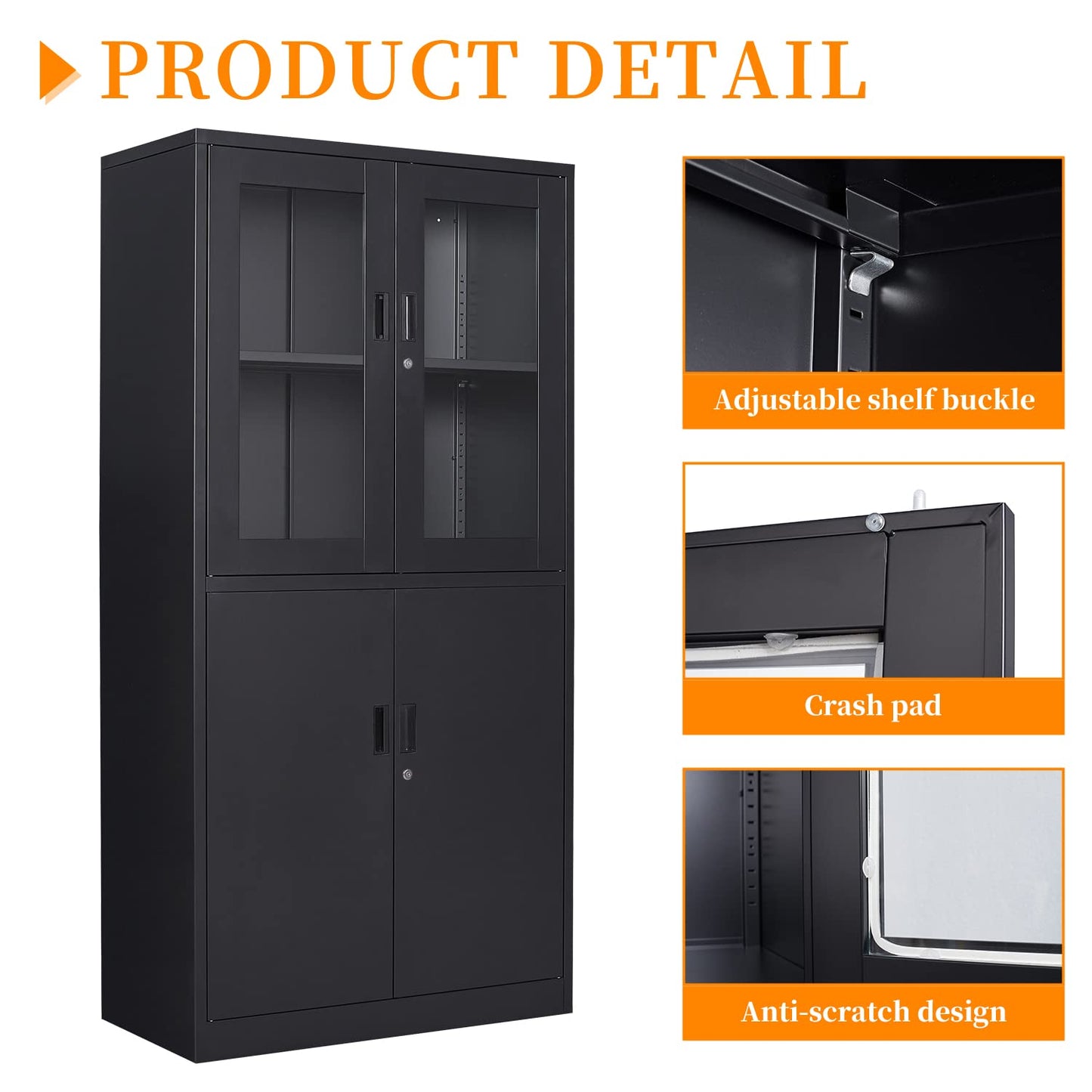 Anxxsu Black Metal Storage Cabinet with Glass Doors, 71" Locking Glass Door Cabinet with 2 Adjustable Shelves, Steel Storage Cabinet with 4 Doors for