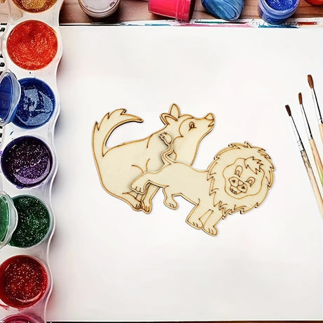 32 Pack Unfinished Wood Animal Cutouts Jungle Animal Crafts Wood Tiger, Lion, Wolf, Leopard Cutouts to Paint Wooden Animal Hanging Ornaments DIY Xonzmmk