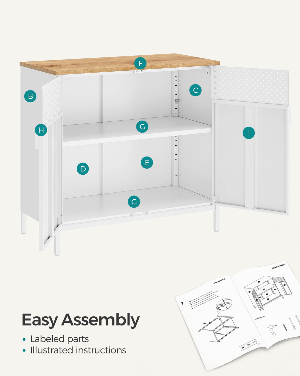 SONGMICS Storage Sideboard, Buffet Table with Adjustable Shelves, Floor Storage Cupboard, Steel Frame, Natural and White ULSC102W57 SONGMICS