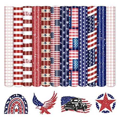 Tintnut American Flag Permanent Vinyl - 10 Sheets 12"x10", USA Flag Patriot Adhesive Vinyl, Independence Day Pattern Self Sticker Waterproof Vinyl Tintnut