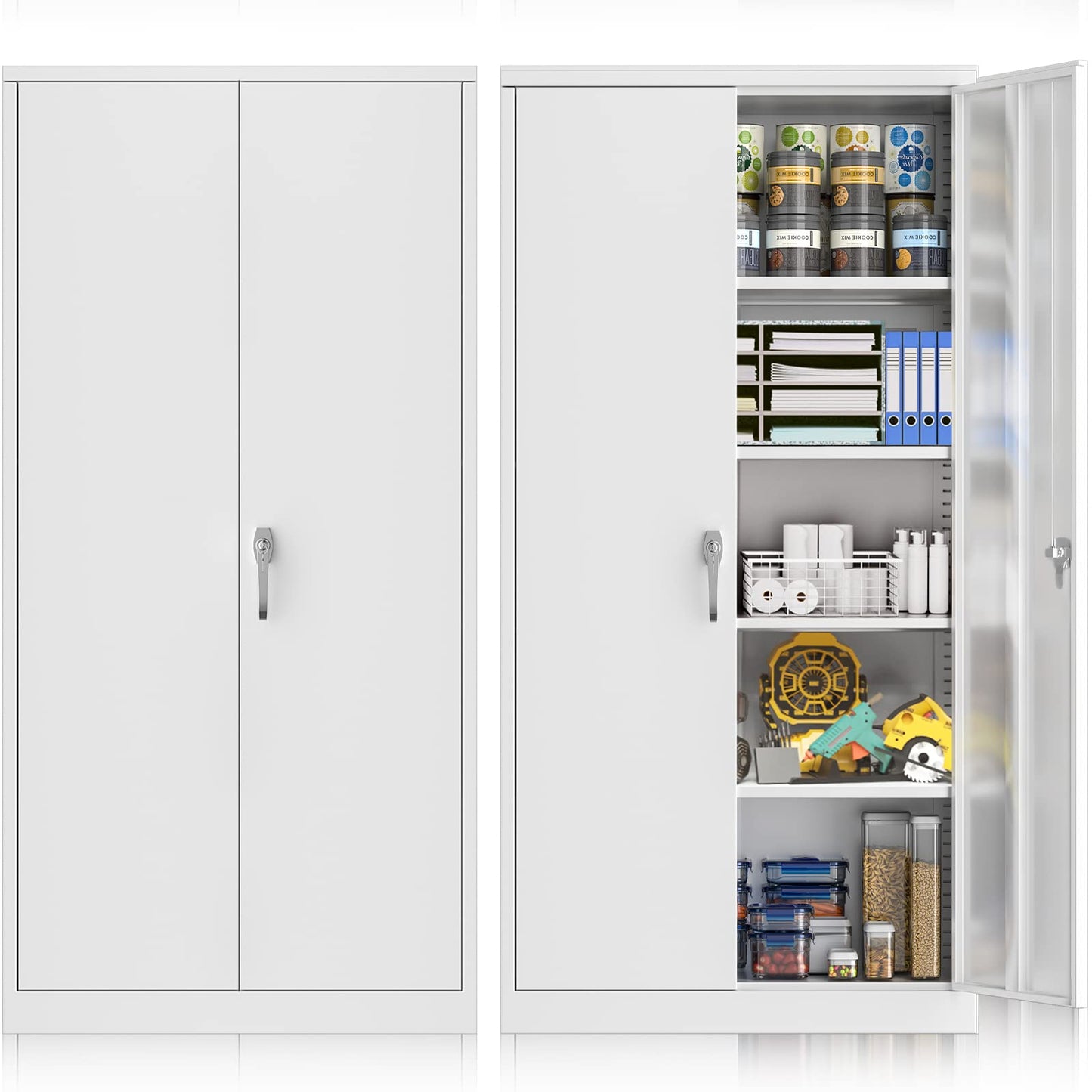 INTERGREAT Metal Storage Cabinet with Locking Doors and Shelves, White Office File Cabinet with Lock, Tall Lockable Steel Supply Cabinet Locker for