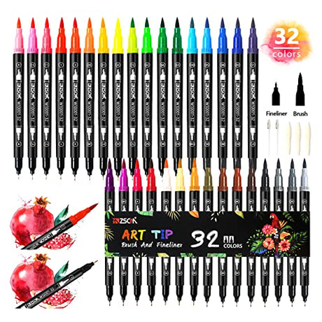 ZSCM 32 Colors Duo Tip Brush Markers Art Pen Set, Artist Fine and Brush Tip Colored Pens, for Adult Coloring Books Christmas Cards Drawing, Note ZSCM QUALITY DECIDES THE FUTURE