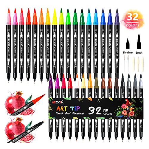 ZSCM 32 Colors Duo Tip Brush Markers Art Pen Set, Artist Fine and Brush Tip Colored Pens, for Adult Coloring Books Christmas Cards Drawing, Note - WoodArtSupply