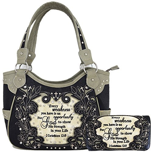 Embroidered Bible Verse 2 Corinthians 12:9 Purse Scripture Western Handbag Women Shoulder Bags Wallet Set (Black/Grey) - WoodArtSupply