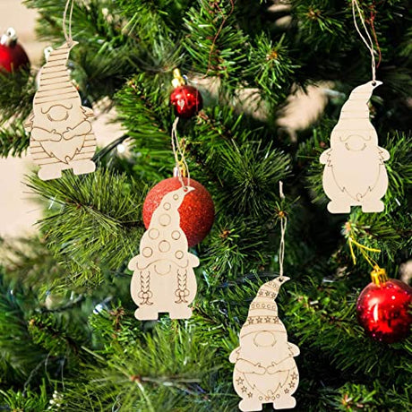 NOLITOY 40 Pieces Christmas Wooden Gnome Hanging Ornaments, Unfinished Wood Cutouts Slices Elf Pendents with Rope for Christmas Tree DIY Craft Making NOLITOY