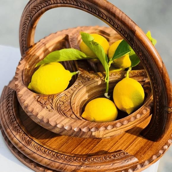 Handmade Wood Carving Fruit Plate -Wooden Fruit Basket, Foldable Bamboo Dried Fruit Basket Collapsible Bread Nuts Baskets, Fruit Gift Basket - Coxolx