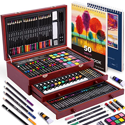 175 Piece Deluxe Art Set with 2 Drawing Pads, Acrylic Paints, Crayons, Colored Pencils Set in Wooden Case, Professional Art Kit, for Adults, Teens Color More
