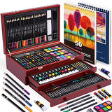 175 Piece Deluxe Art Set with 2 Drawing Pads, Acrylic Paints, Crayons, Colored Pencils Set in Wooden Case, Professional Art Kit, for Adults, Teens Color More