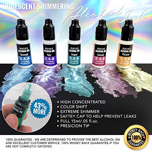Pixiss Iridescent Color Changing Alcohol Ink Set - 5 Shades of Alcohol Ink for Epoxy Resin Supplies, Yupo Paper, Tumblers, Coasters - Resin Colorant Pixiss