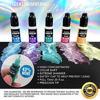 Pixiss Iridescent Color Changing Alcohol Ink Set - 5 Shades of Alcohol Ink for Epoxy Resin Supplies, Yupo Paper, Tumblers, Coasters - Resin Colorant - WoodArtSupply