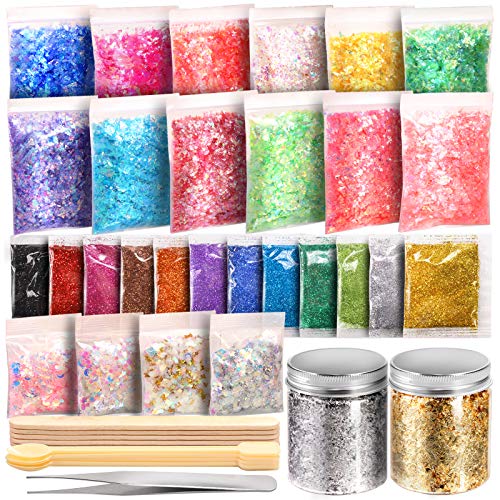 LEOBRO 41PCS Resin Supplies Kit, Extra Fine Glitter for Resin, Resin Glitter Flakes Sequins, Foil Flakes, Mixing Stick &Tweezers, Craft Glitter for - WoodArtSupply