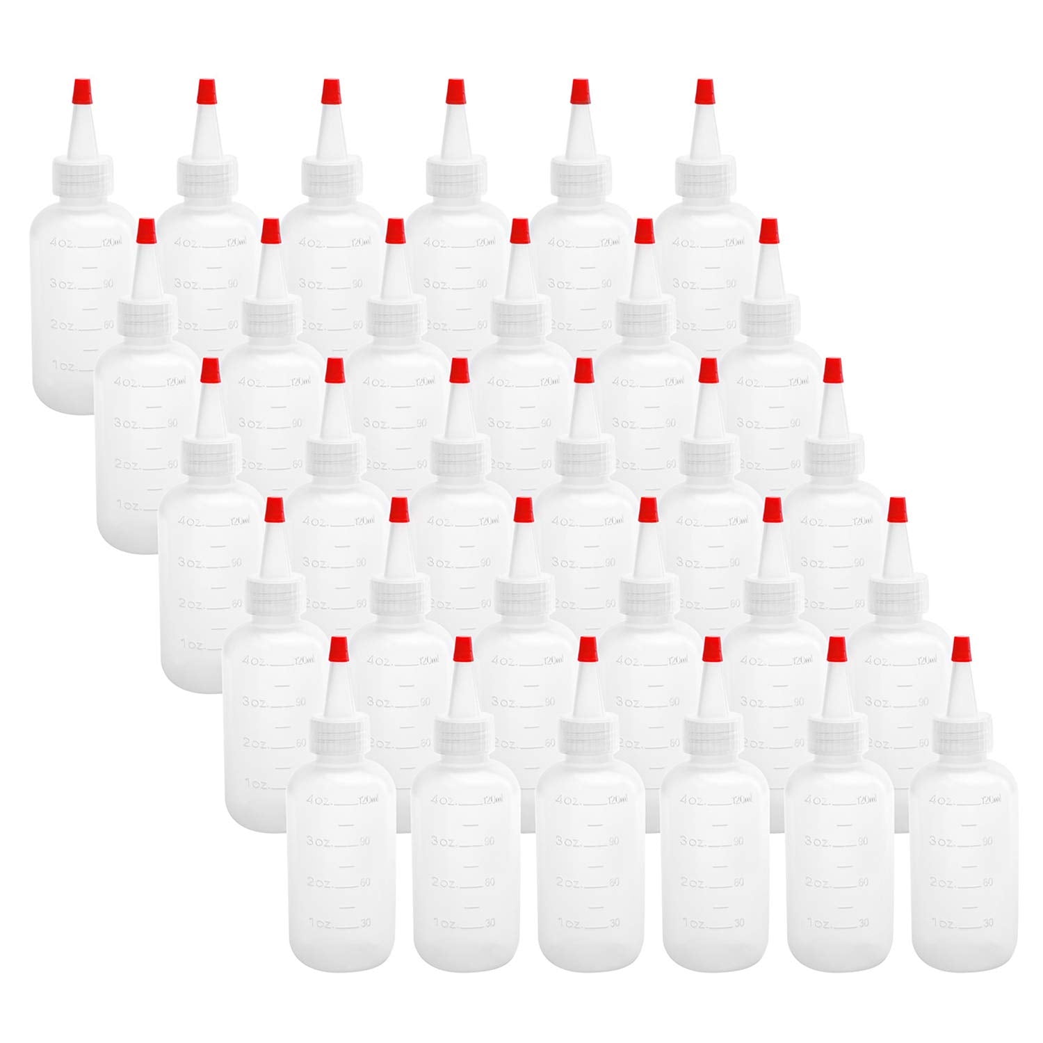 Hedume 30 Pack 4-Ounce Plastic Squeeze Bottles with Red Tip Cap and Measurement - BPA-Free, Latex-Free, Food-Grade - Good for Crafts, Art, Glue, Hedume