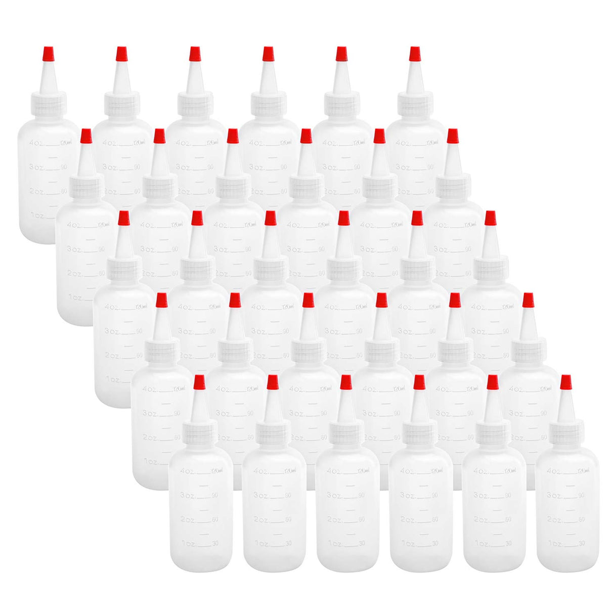Hedume 30 Pack 4-Ounce Plastic Squeeze Bottles with Red Tip Cap and Measurement - BPA-Free, Latex-Free, Food-Grade - Good for Crafts, Art, Glue, Hedume