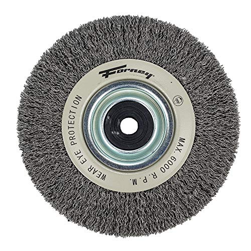 Forney 72895 Wire Bench Wheel Brush, Industrial Pro Crimped with 1/2-Inch Through 2-Inch Multi Arbor, 6-Inch-by-.012-Inch Forney