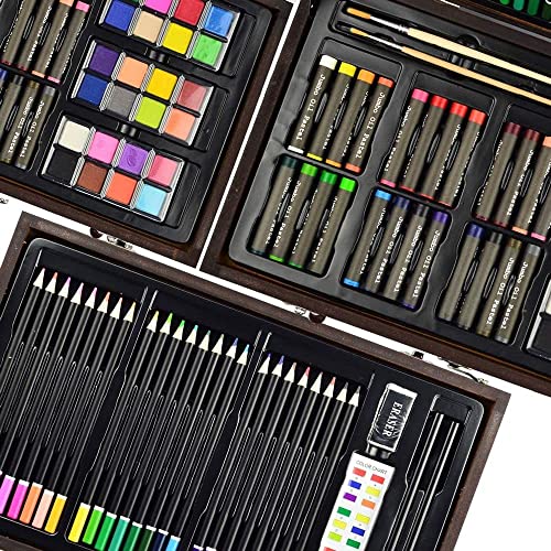 Sunnyglade 145 Piece Deluxe Art Set, Wooden Box & Drawing Kit with Crayons, Oil Pastels, Colored Pencils, Watercolor Cakes, Sketch Pencils, Paint Sunnyglade