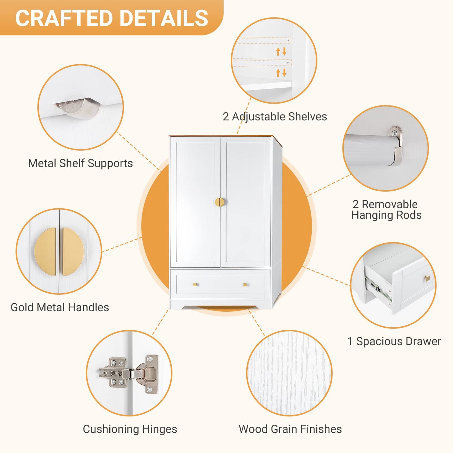 VINGLI Wide Wardrobe Closet, White Armoire Wardrobe with Hanging Rod, Shelves and Drawer, Freestanding Closet Wardrobe Cabinet, Armoires and VINGLI